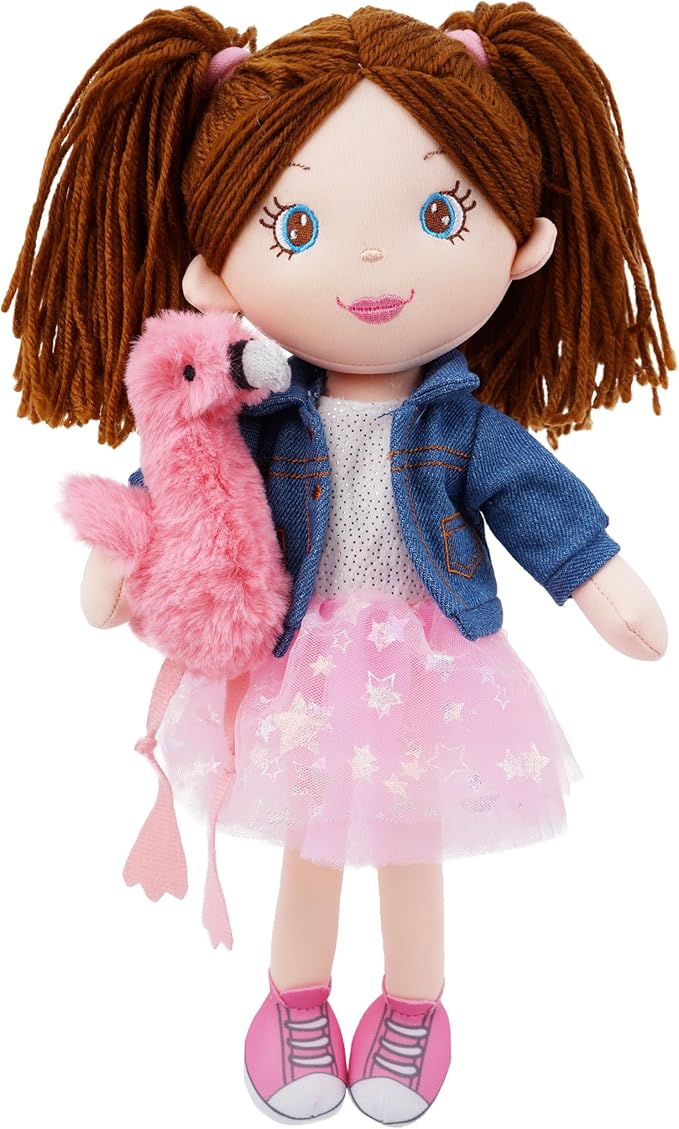 June Garden 15" Playmate Buddies - Plush Doll Mia with Her Stuffed Animal Companion Flamingo Rosie for Kids 1 Year and Up