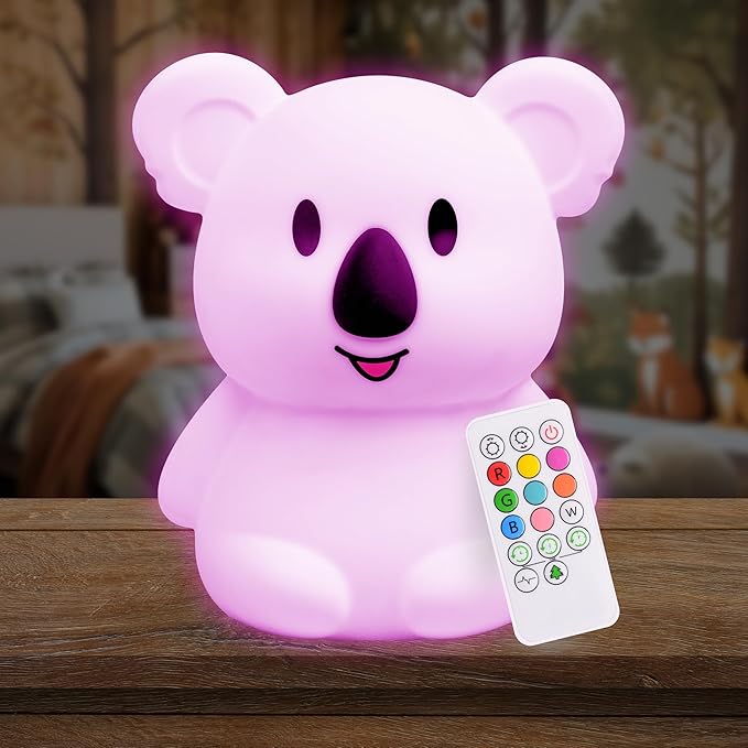 LumiPets Keith the Koala Squishy Night Light for Kids | Silicone Lamp with Tap & Remote Control | Rechargeable, 9 Color Changing Animal Night Light for Boys & Girls | Portable Nightlight With USB Cord