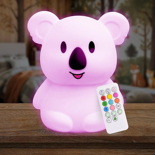 LumiPets Keith the Koala Squishy Night Light for Kids | Silicone Lamp with Tap & Remote Control | Rechargeable, 9 Color Changing Animal Night Light for Boys & Girls | Portable Nightlight With USB Cord