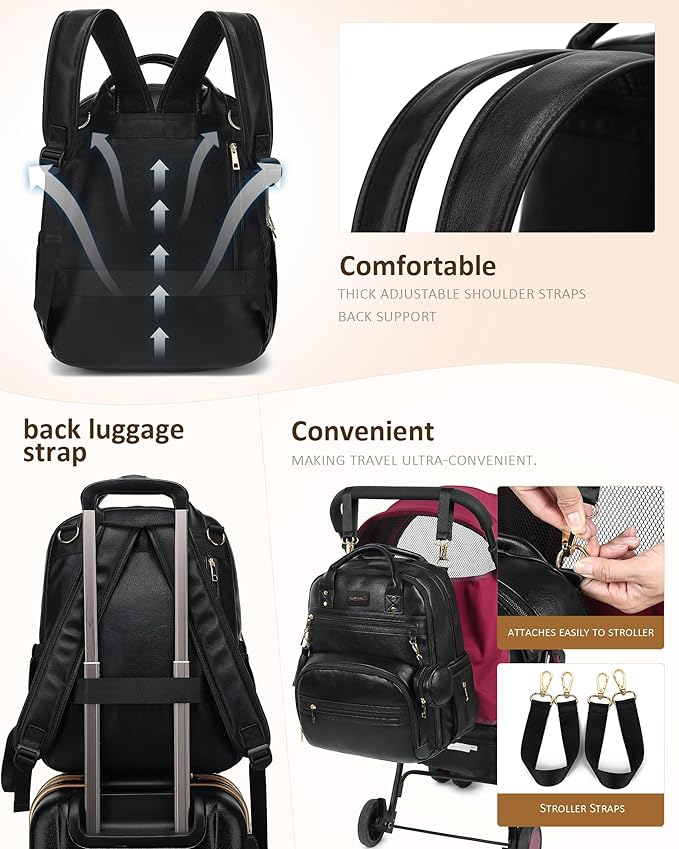 Premium Vegan Leather Diaper Bag Backpack with Waterproof Changing Pad, Reinforced Zippers & Odor-Free, 20 Pockets Pro Organizer, Fits 15.6" Laptop, Stroller Straps, Baby Bag for Mom, Black