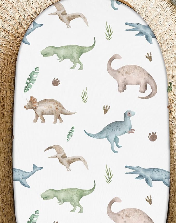 Bassinet Sheets for Baby Girls Boys 2 Pack, Fitted Baby Mattress Sheet for Rectangle, Oval, Hourglass Bassinet Mattress, Breathable Cozy & Universal Fit (Dino Pals)