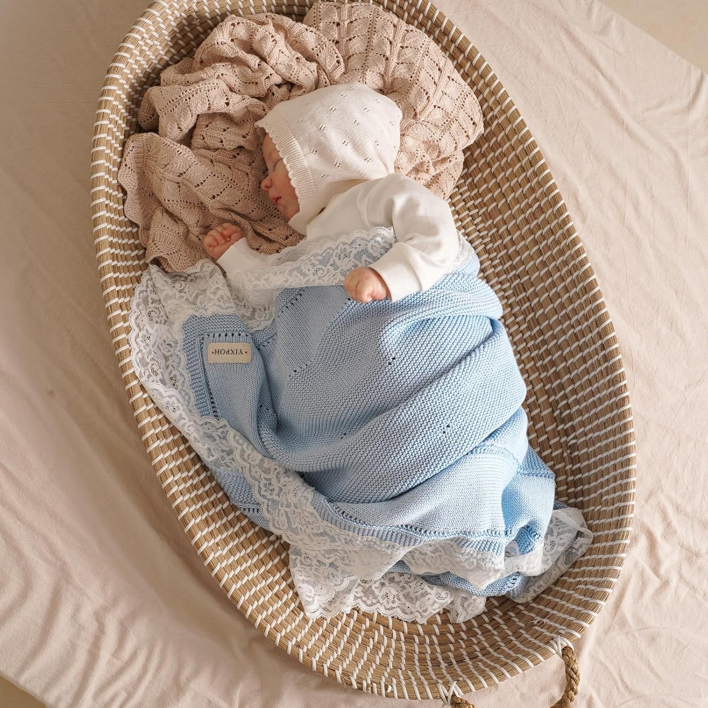 100% Organic Cotton Baby Blanket Knitted Softer Receiving Swaddle Warm Cozy Cuddle Crib Blanket for Newborns Infants Toddlers Boy and Girls Sky Blue