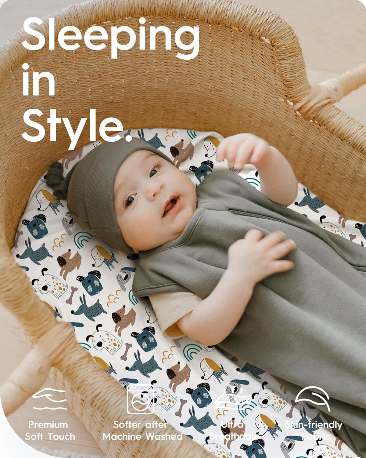 Bassinet Sheets for Baby Boy Girl, TotBasic Buttery Soft Universal Bassinet Fitted Sheet, Compatible with Halo, Mika Micky, Baby Delight, Dream On Me, Maxi COSI and More Bassinet Mattress(Dino&Puppy)