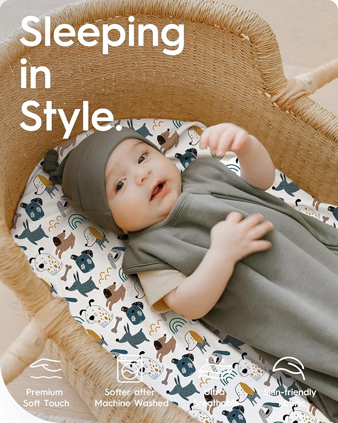 Bassinet Sheets for Baby Boy Girl, TotBasic Buttery Soft Universal Bassinet Fitted Sheet, Compatible with Halo, Mika Micky, Baby Delight, Dream On Me, Maxi COSI and More Bassinet Mattress(Dino&Puppy)