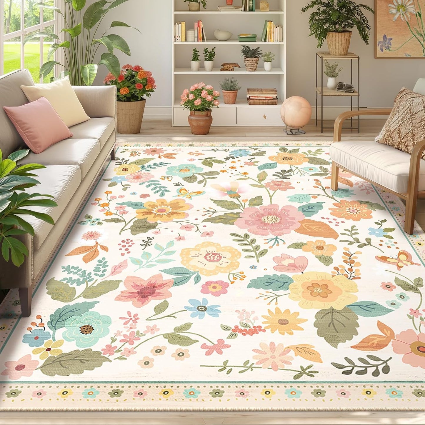Floral 6x9 Area Rug Machine Washable Soft Print Boho Carpet Non Slip Doormat Low Pile Flower Area Rugs for Living Room Bedroom Nursery Kitchen Dining Room Indoor-Beige/White/Orange