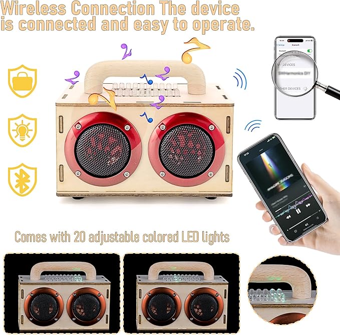 Build Your Own Bluetooth Speaker Kit - DIY STEM Gift for Teens 12-16, Wooden Speaker with LED Lights, Educational Electronics Kit for Boys Girls Age 8+