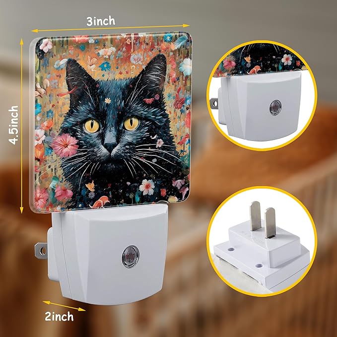 Plug Night Light,Watercolor Black Cat Among Flowers Night Light Lamp Auto Sensor Energy Efficient Dusk to Dawn Lights for Girls Boys Women Room Decor,Hallway,Kitchen,Bathroom,Nursery,Stairs