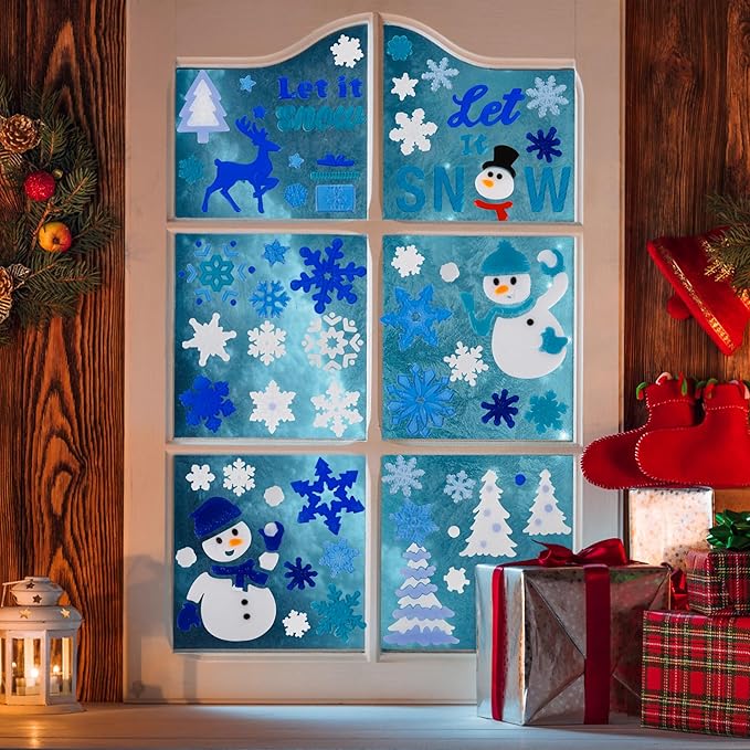 Christmas Window Clings Gel Blue and White Snowflake Snowman 6-Piece Set, Christmas Decorations for Glass Windows and Wall, Winter Glitter Snowflake Window Clings, School Home Xmas Party Decorations