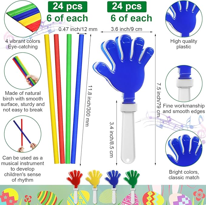 120 Pcs Musical Instruments Learning Percussion Toy Include 24 Plastic Egg Shakers 24 Hand Held Sand Hammers Maracas Rattle 24 Hand Clappers 24 Rhythm Sticks Wood Lummi Sticks 24 Finger Castanets
