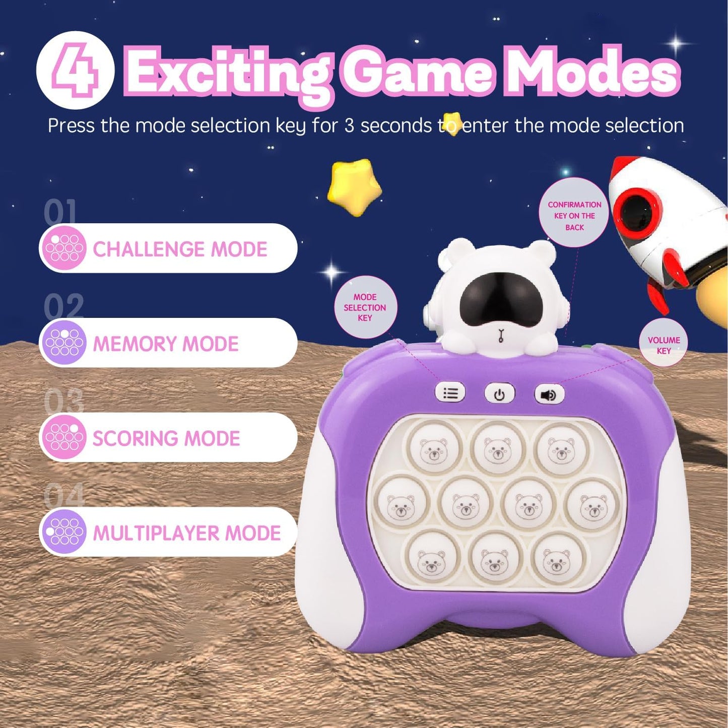 Fast Push Game,Light up pop Game Light up Fidget Toy,Fast Quick Push Bubble Game,pop pro Light up Game,Quick Push pop Game Birthday Xmas Gifts for Boys Girls Adults (Astronaut:Purple)