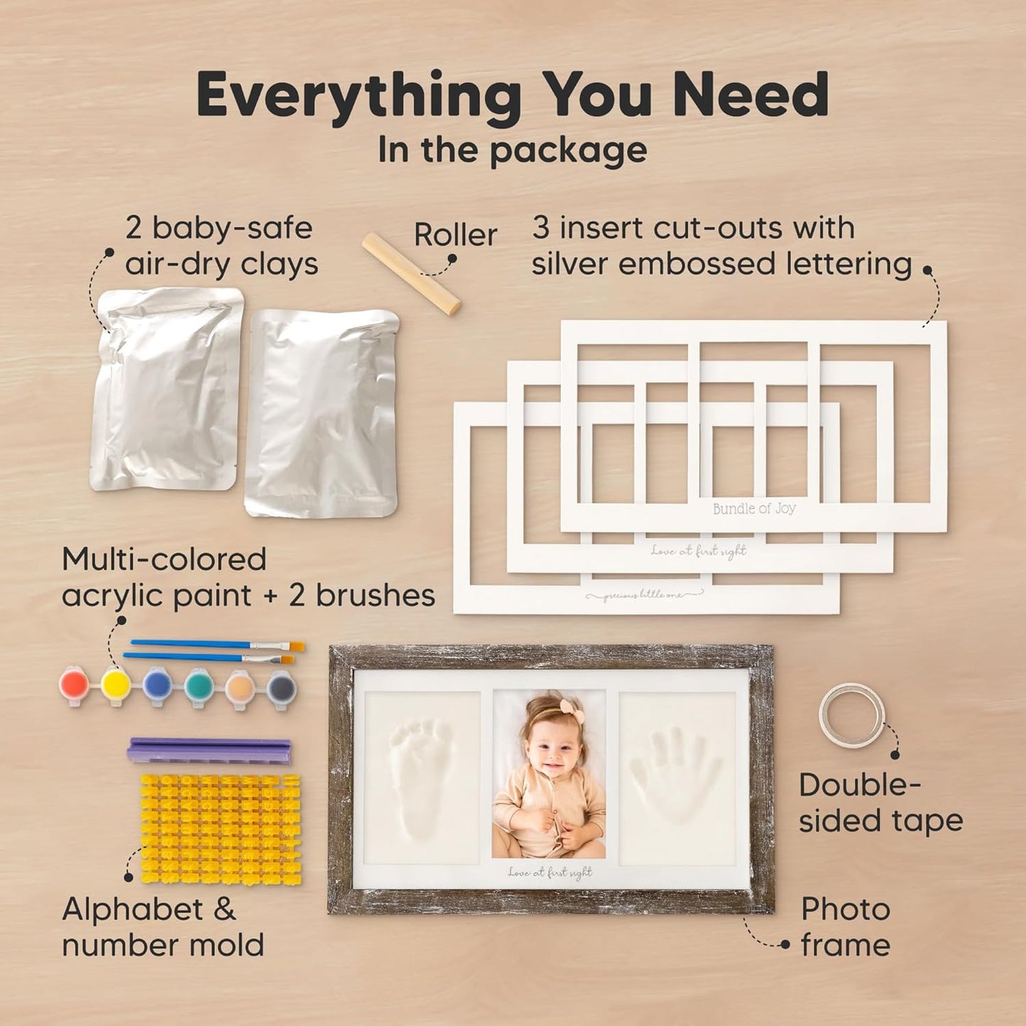 Baby Hand and Footprint Kit - Clay Handprint Keepsake Frame, Newborn Nursery Picture Frame, Personalized New Mom Gifts for Baby Shower & Registry (Barnwood)