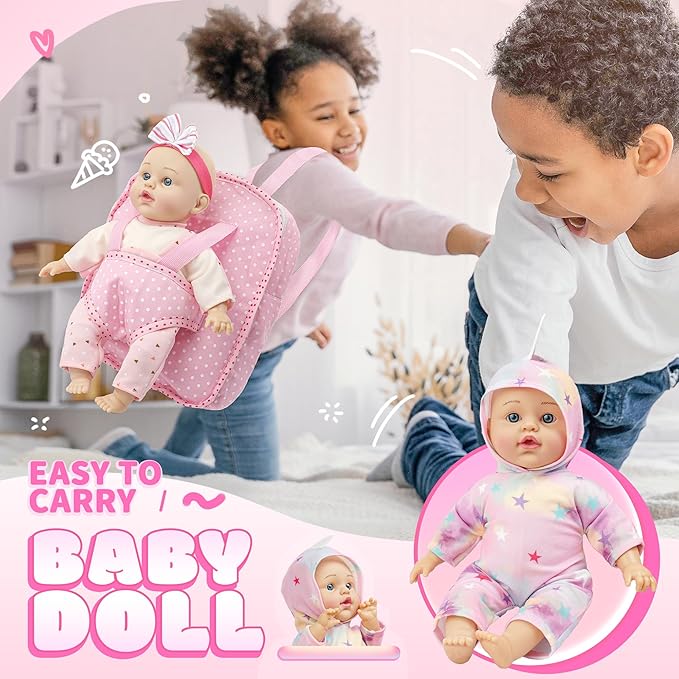 SMILESSKIDDO 12 Inch Soft Body Baby Doll for Toddlers with Take Along Dolls Backpack Carrier Accessories, Baby Doll Clothes and Babydoll Caring Set for Kids Girls 2 3 4 5 Year Old