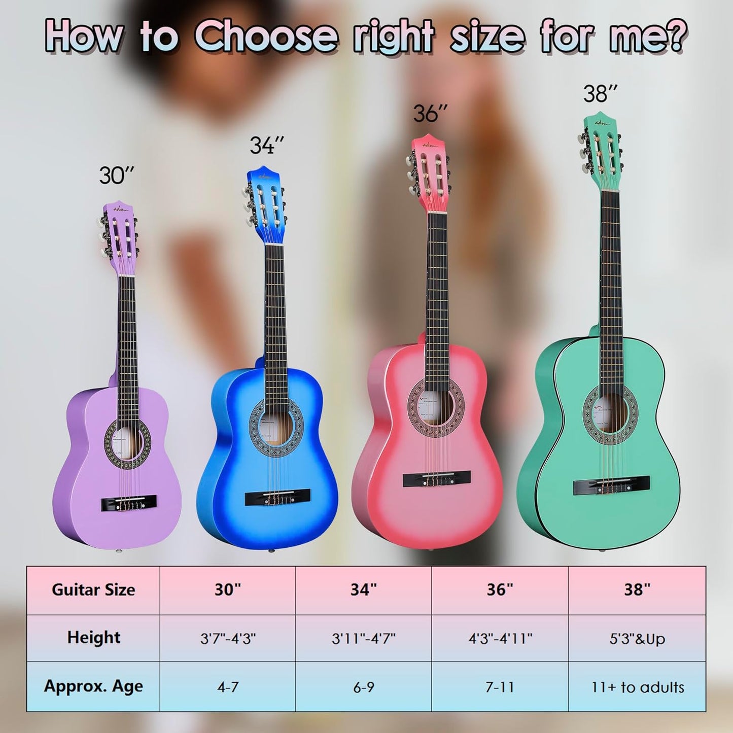 ADM Beginner Acoustic Classical Guitar 36 Inch Nylon Strings Wooden Guitar Bundle Kit for Kid Boy Girl Student Youth Guitarra Online Lessons with Gig Bag, Strap, Tuner, Strings, Picks, Socal Green
