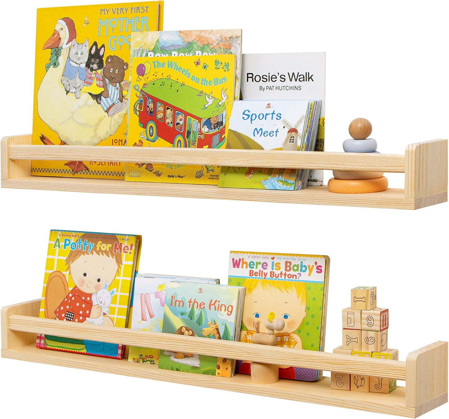 Fun Memories Nursery Book Shelves - Rustic Natural Solid Wood Floating Bookshelf for Kids - Wall Book Shelves for Kids Room (Natural, 32inch - 2P)