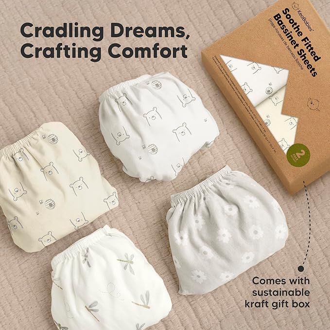 2-Pack Organic Bassinet Sheets for Girls, Boys - 100% Cotton Bassinet Mattress Sheets Compatible with Halo Bassinest Swivel Sleeper, Graco, Baby Delight, Chicco, Fitted Bassinet Sheets (Bumble Bear)