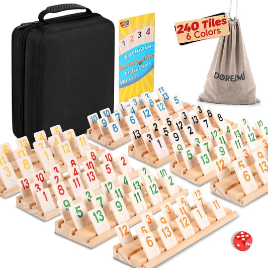 Deluxe Rummy Cube Game Set 6-8 Players with 8 Wooden Racks and 240 Melamine Rummy Tiles, Travel Family Board Game for Adults and Kids