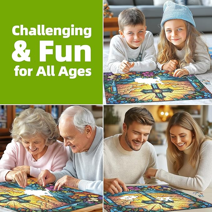 1000 Piece Stained Glass Cross Jigsaw Puzzle for Adults | Challenging & Colorful Cross Flower Pattern | Perfect for Game Nights & Gifts