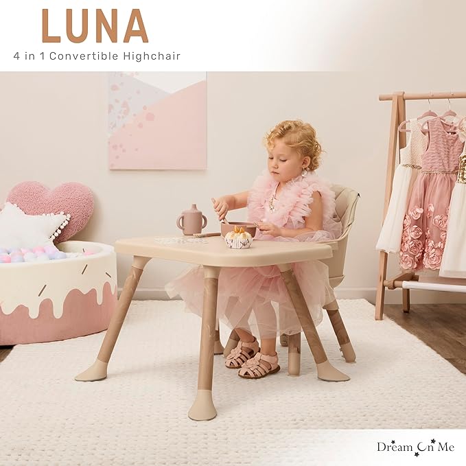 Dream On Me Luna 4-in-1 Convertible Baby High Chair in Beige, Transforms into Booster, Toddler Seat & Table Set, Adjustable and Removable Tray Portable High Chair