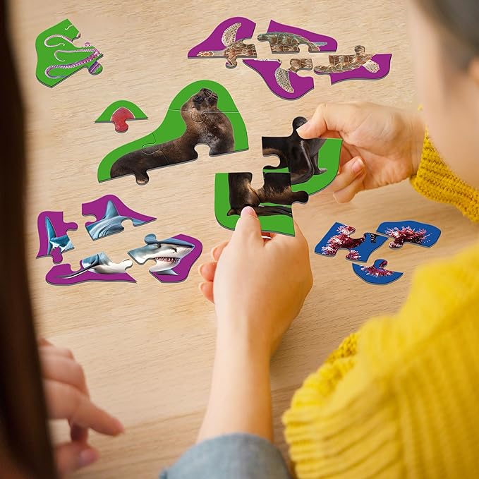 12 Pack Marine Animal Puzzles, 48 Pieces Step-by-Step Animal Jigsaws, Realistic Sea Animal Jigsaw Puzzles with Name Guide Early Learning for Beginner Preschool Toddlers 3+ Years Old