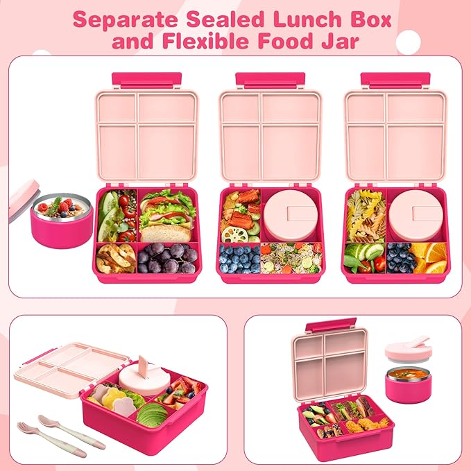 Bento Lunch Box with 8oz Soup Thermo, Kids Leakproof Lunch Food Containers with 4 Compartment, Kids Thermo Insulated Hot Food Jar for School, Trvael - (Pink)