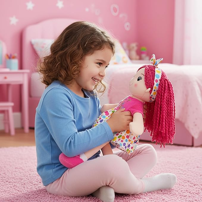 June Garden 14" Best Big Sister Sophie - Soft Cuddly Plush Doll Gift for Girls - Huggable Rag Doll - Pink M