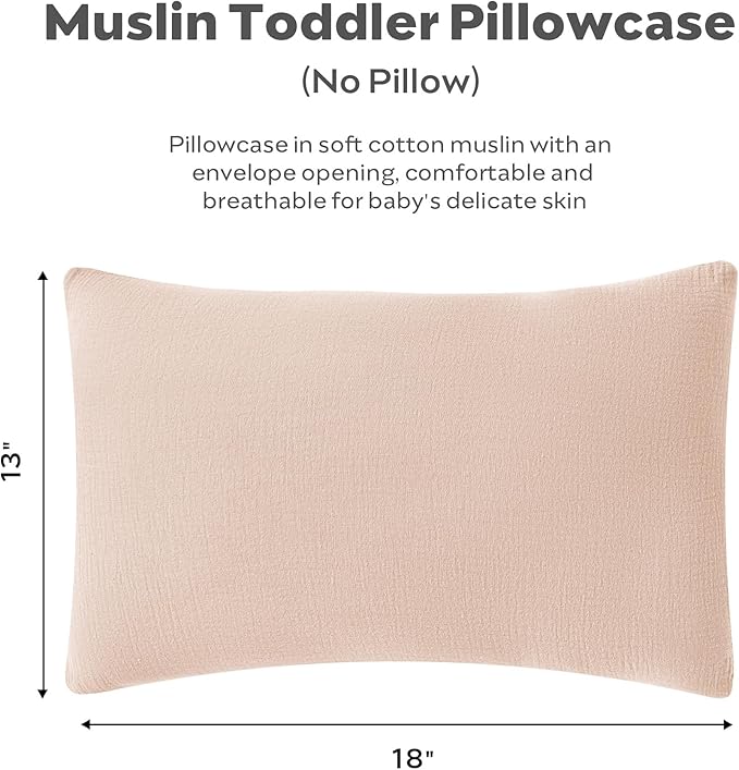 JELLYMONI 2 Pack Muslin Toddler Pillowcase for 13x18 Pillow, 100% Cotton Baby Pillow Case Cover for Bed, Toddler Cot and Travel, Soft & Breathable Baby Kids Envelope Pillowcase, No Pillow