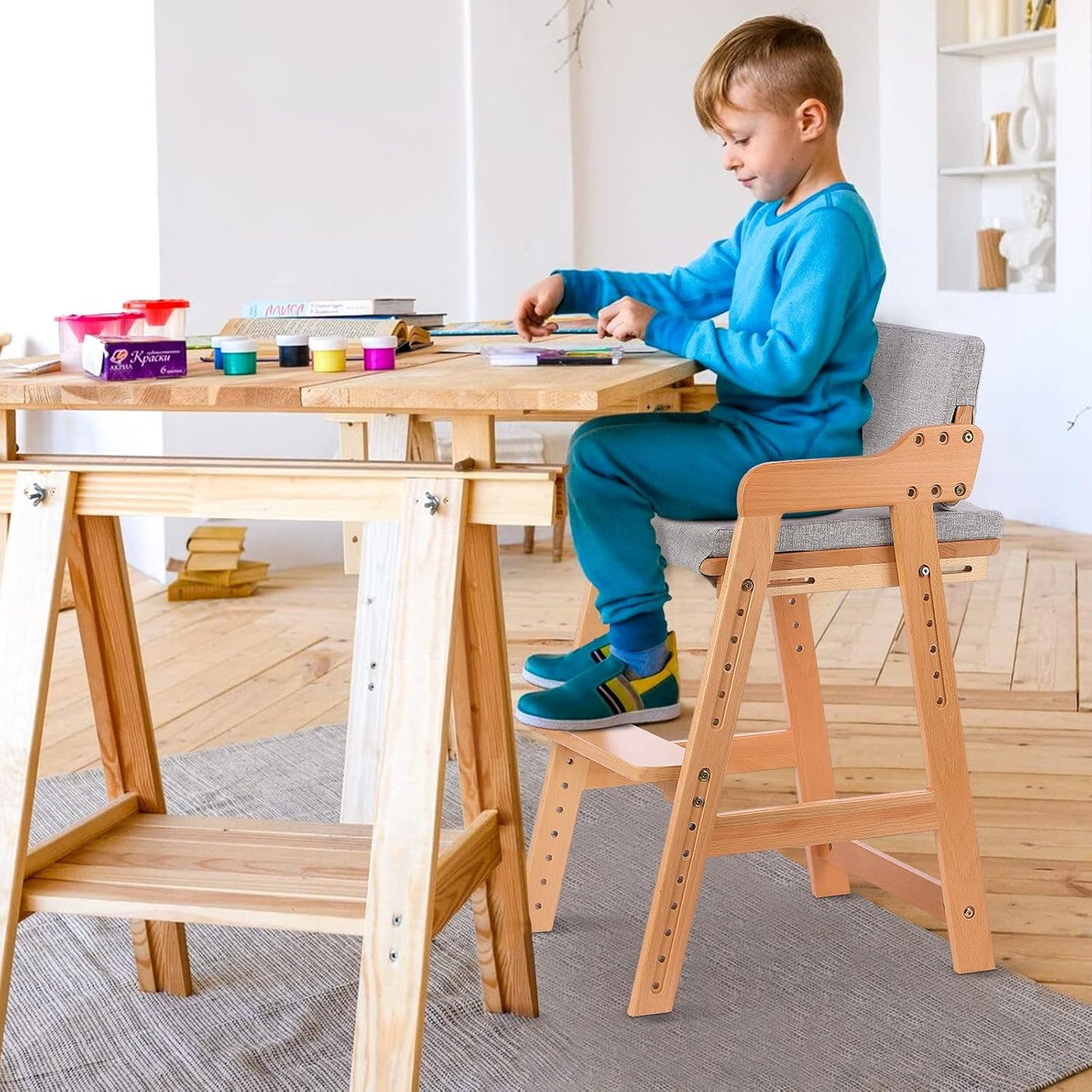 Ezebaby Wooden High Chair, Adjustable Highchair for Toddlers to Teens with Steps, Kids Dining Chair, Study Chair with Removable Cushion (Natural Color)