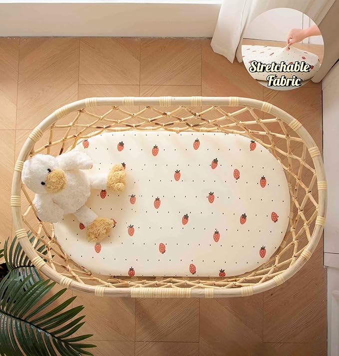 SDY Strawberry Bassinet Sheets for Baby Girl and Boy Set 2 Pack 32 * 16 * 4 inches,Jersey Baby Bedding Fit Hourglass Oval Rectangle Bassinet Mattress，Newborn Essentials (Strawberry&Polka Dot)