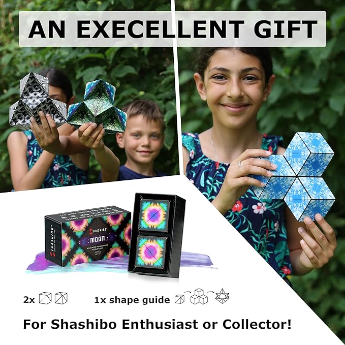 SHASHIBO Shape Shifting Box - Award-Winning, Patented Fidget Cube w/ 36 Rare Earth Magnets - Transforms Into Over 70 Shapes, Gift Box, Download Fun in Motion Toys Mobile App (Moon, 2 Pack)