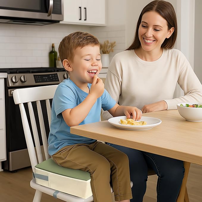 Toddler Booster Seat for Dining Table, 2 Elastic Seat Belts, Anti-Scratch PU Skin-Friendly, Waterproof, Anti-Wrinkle, Detachable Non-Slip Bottom