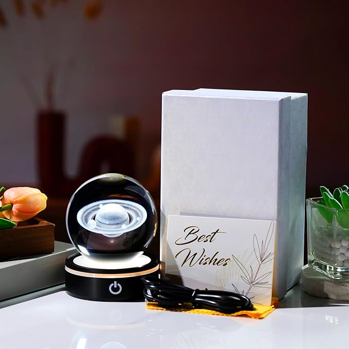 3D Saturn Model Crystal Ball Led Lamp Base - Space Decor World Globe Planets Sphere Night Light 80mm 3.15 Inch - Solar System Decor Best Birthday Astronomy Gifts for Men Physics Science Teacher