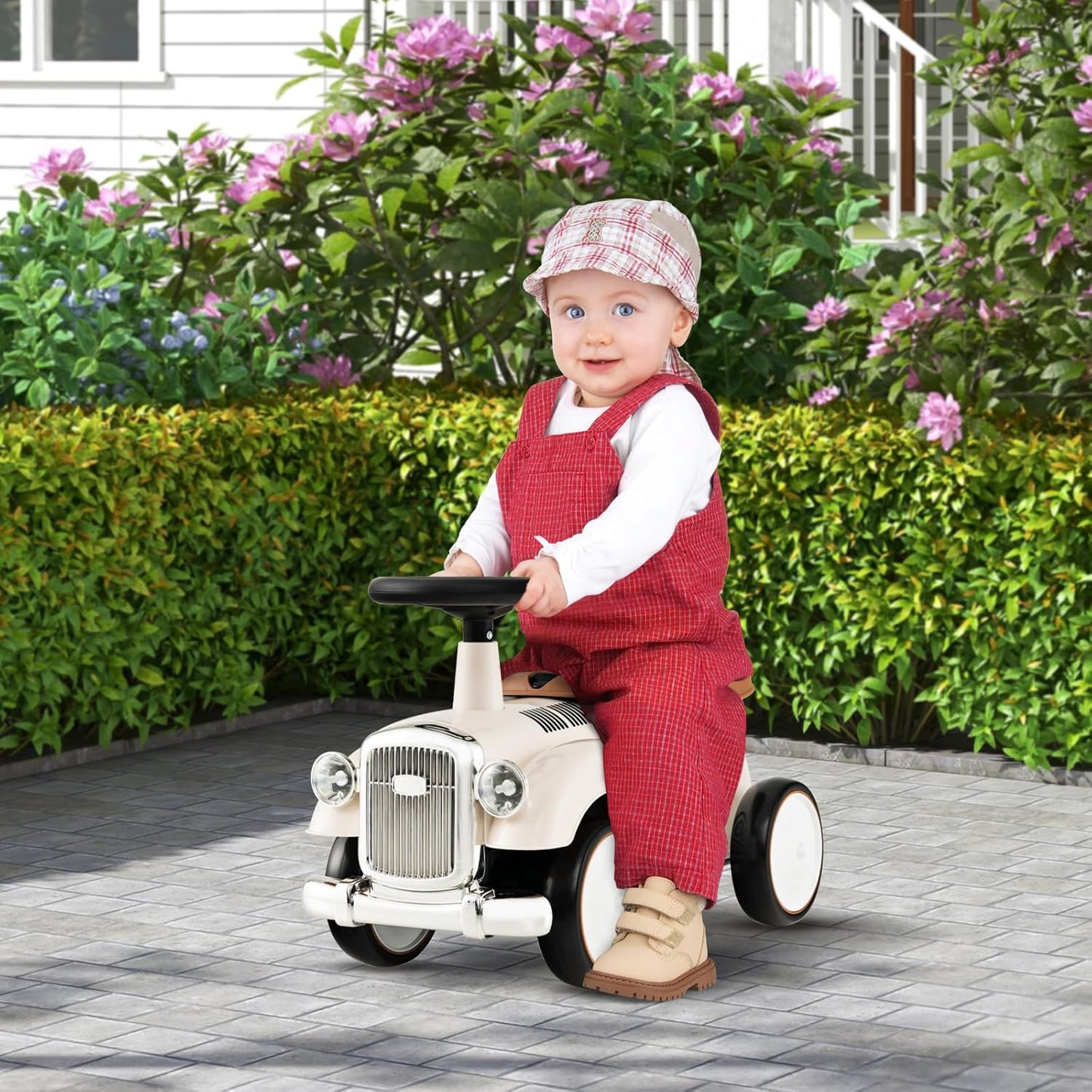 HONEY JOY Ride On Push Car, Outdoor Toddler Riding Toys w/Steering Wheel, Horn & Storage, Foot-to-Floor Sliding Car, No Batteries, Retro Baby Ride On Toys for Boys and Girls (White)