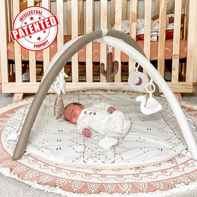 Little Dove Tummy Time Mat with 6 Toys, Macrame Baby Play Mat for Newborn, Baby Gym with 12 Milestone Cards, Stage-Based Sensory and Motor Skill Development Baby Play Gym, Non Slip Mat Washable, Khaki