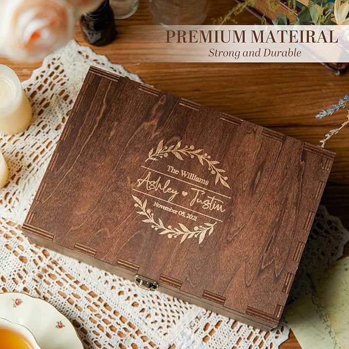 AW BRIDAL Personalized Wedding Keepsake Box with Lid, Wood Memory Storage box, Bridal Shower Gifts Anniversary Engagement Wedding Gifts for Couples Newlyweds//DK2201CPP37//