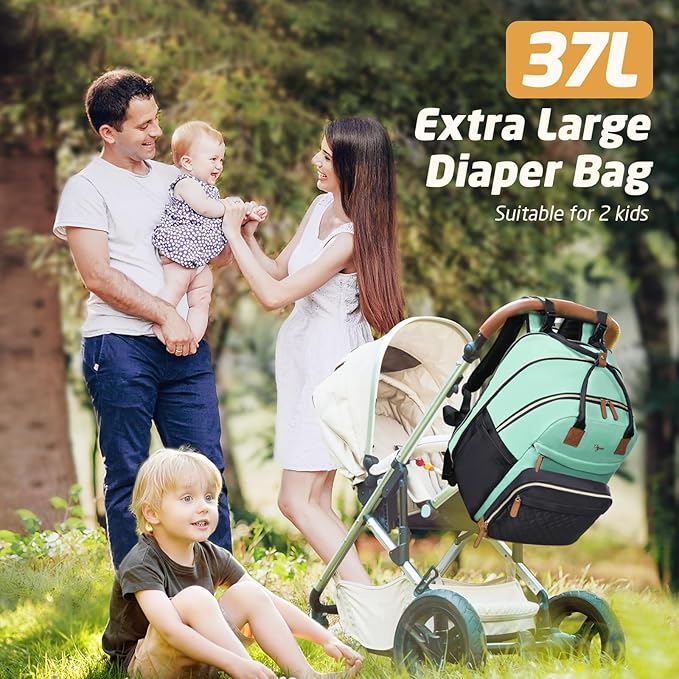 Diaper Bag Backpack - Extra Large Diaper Bag for 2 Kids Twin, Travel Baby Bags for Mom Dad 25-37L Expandable with Changing Pad Earphone Hole, Green Black