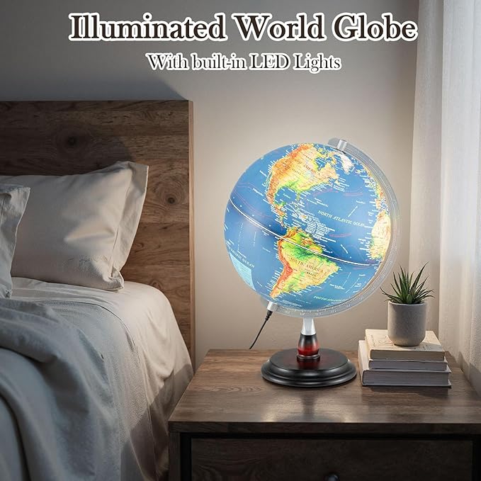 12" Illuminated World Globe, Desktop Globe with Raised Relief, LED Lights, Time Zone & Non-Slip Wooden Base, Geographic Terrain Globes for Decoration (Navy)