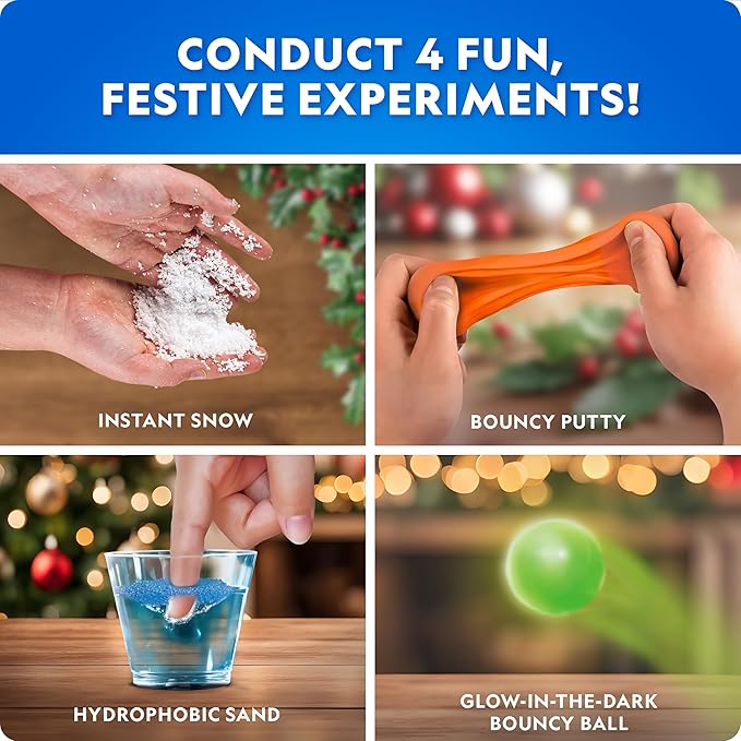 Blue Marble Science Surprise Christmas Ornament Kit for Kids – 4 Ornaments with Holiday Science Experiments Inside - Bouncy Ball Craft, DIY Instant Snow Activity, Stocking Stuffers for Boys and Girls