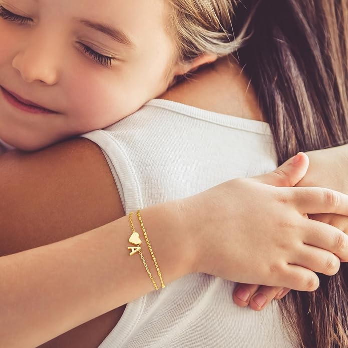 M MOOHAM Initial Heart Bracelets for Women - Layered Dainty 14K-Gold-Plated Heart Letter A-Z Charm Bracelets for Women, Chain Link Charm Bracelets Beaded Bracelets Birthday Gifts Womens Jewelry