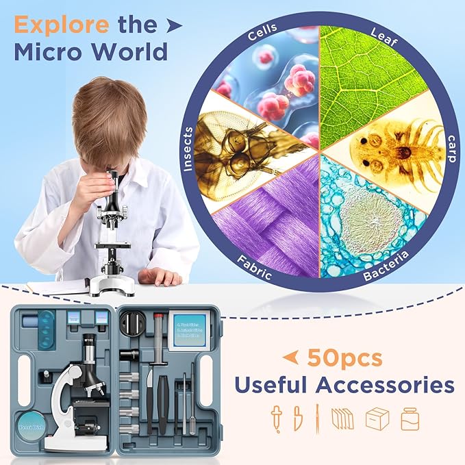 100X-1200X Kids Microscope Kit for Children: Compound Microscope for Kid STEM Biology Discovery - Science Experiments Microscopio Set with Metal Frame, Carrying Box Educational Gift for Child 8-12