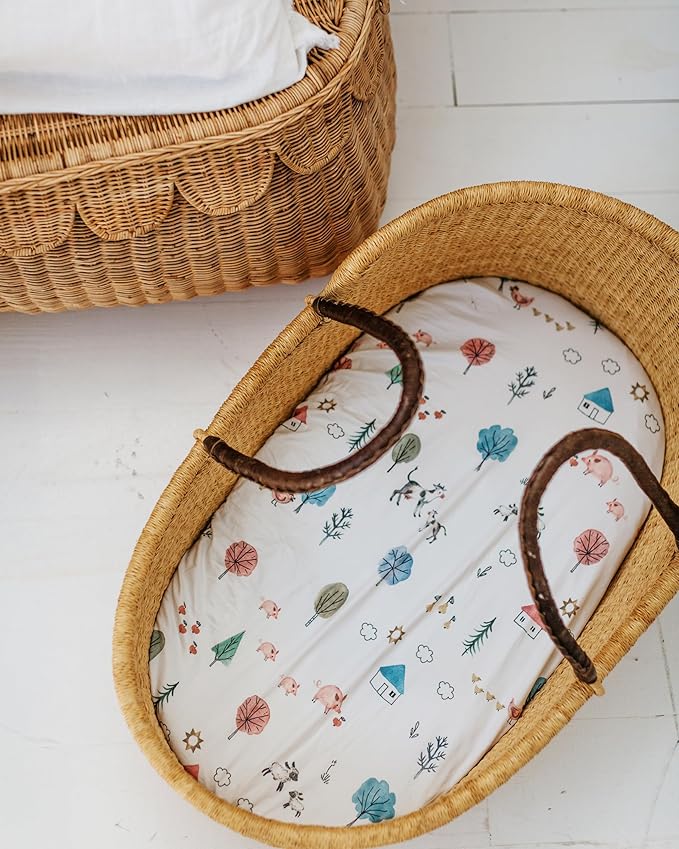 Baby Bassinet Sheets for Boy, Girl (Farm Animals) 2-Pack - Fitted Bedside Bassinet Sheets - Buttery Soft Cotton Blend for Standard Mattress Pad - Compatible with Halo BassiNest