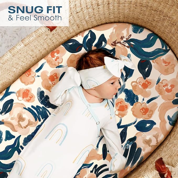 GRSSDER Stretchy Ultra Soft Fitted Bassinet Sheets 3 Pack, Universal Fit for Baby Cradle Moses Basket Oval Rectangle Mattress Safe and Snug, Dream & Blush Flora Stylish Print