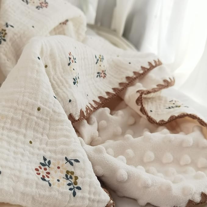 Baby Muslin Cotton Thick Blanket Dotted Backing Double Layer Soft Newborn Receiving Blanket 40x40Inch Flower Pattern