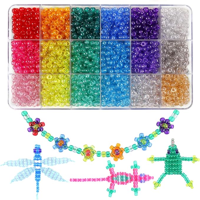 2600+pcs Pony Beads Kit Rainbow Glitter Plastic Beads Multicolor Pony Bead Bulk with Elastic String, Hair Bead for Braids DIY Crafts Jewelry Making Kit for Bracelets Necklaces