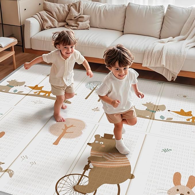 Foldable Baby Play Mat, PIGLOG Waterproof Playmats for Babies and Toddlers Kids, Safe Foam Playmat for Tummy Time, 50x50 Playpen Mat, Reversible Portable Baby Floor Mat for Infant, Toddler, Bear