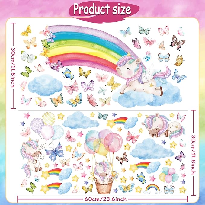 Glow in The Dark Large Rainbow and Unicorn Wall Decals,Glowing Luminous Star Butterfly Wall Stickers Removable Rainbow Unicorn Decals for Girls Bedroom Baby Nursery Living Room Decoration