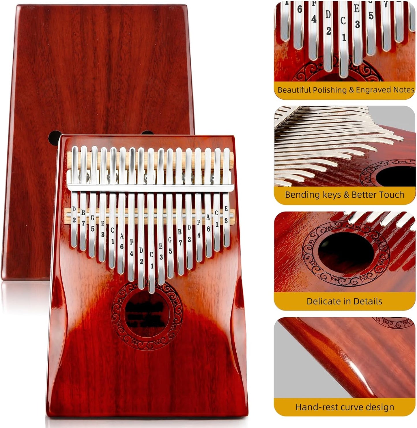 Kalimba Thumb Piano,YUNDIE Portable 17 Keys Mbira Finger Piano with Tune Hammer and Study Instruction,Musical Instruments Gift for Adult Beginners Professional(Brownish Red) (17 Keys)