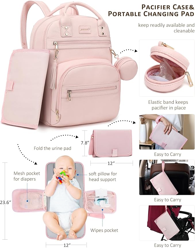 Premium Vegan Leather Diaper Bag Backpack with Waterproof Changing Pad, Reinforced Zippers & Odor-Free, 20 Pockets Pro Organizer, Fits 15.6" Laptop, Stroller Straps, Baby Bag for Mom, Pink