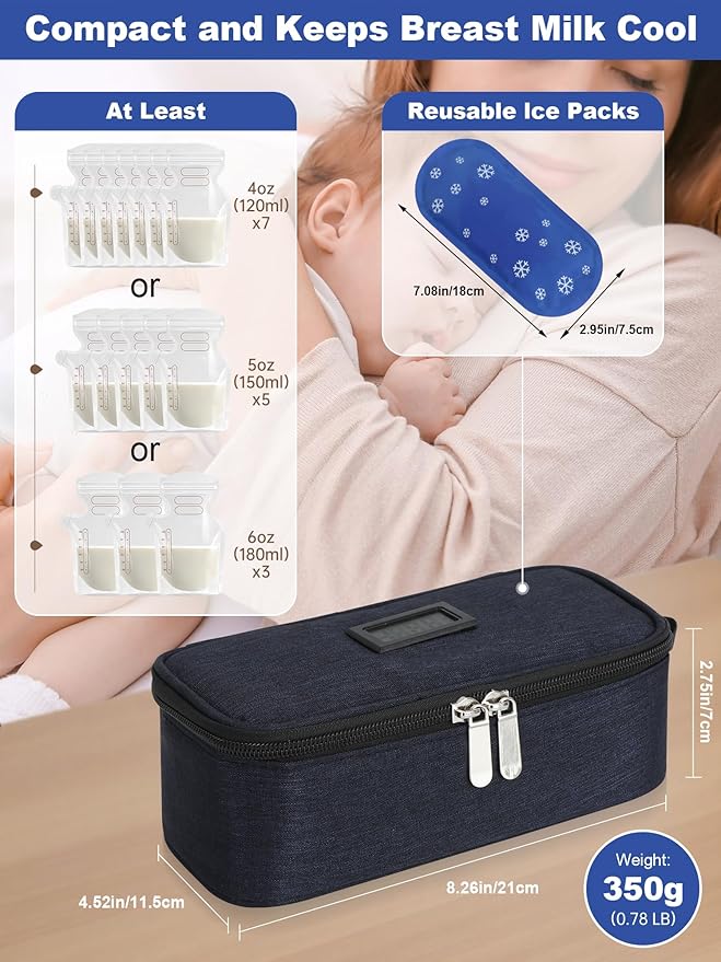 YOUSHARES Breastmilk Cooler Travel Bag with Digital Thermometer, Small Insulated Baby Milk Storage with 2 Ice Packs, Daycare and On-The-Go Moms （Navy）