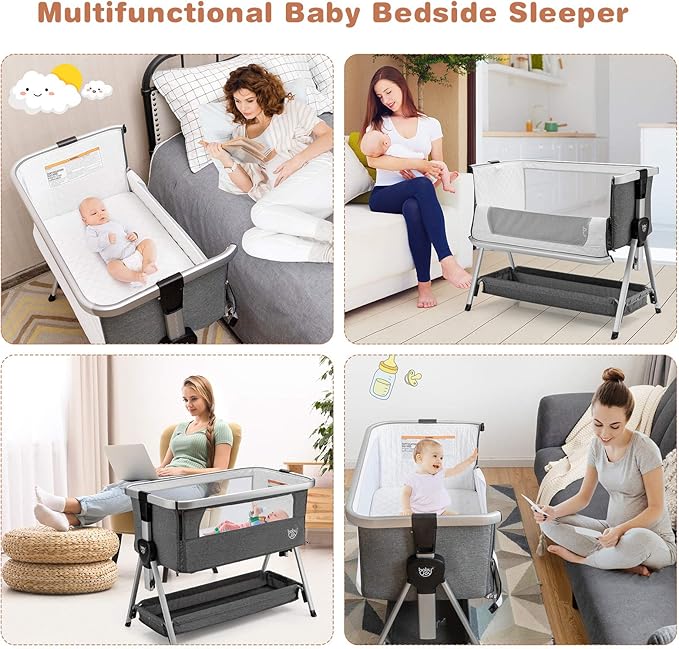 BABY JOY Bedside Bassinet, Portable Baby Crib w/Mattress, Two-Side Breathable Mesh, 7 Height Adjustable, Large Storage, Wheels for Easy Movement, Crib for Newborn Infant, Bassinet for Baby, Dark Grey