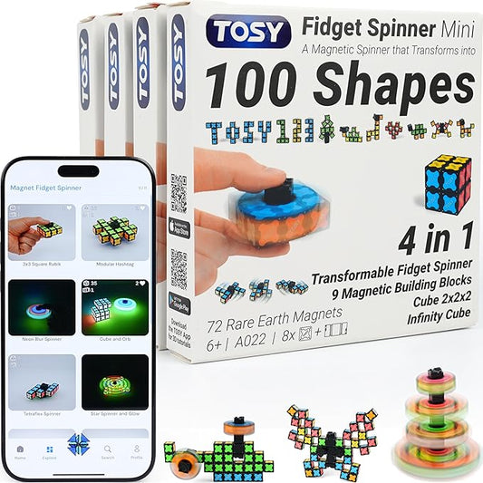 TOSY Magnet Fidget Spinner Mini - 8 Blocks, 3 in 1 Toy: Transformable Fidget Spinner, Infinity Cube, 2x2 Puzzle Cube, Stress Relief, STEM Magnet Tiles Birthday Gift for Kids/Boys/Girls/Adults, 4-Pack